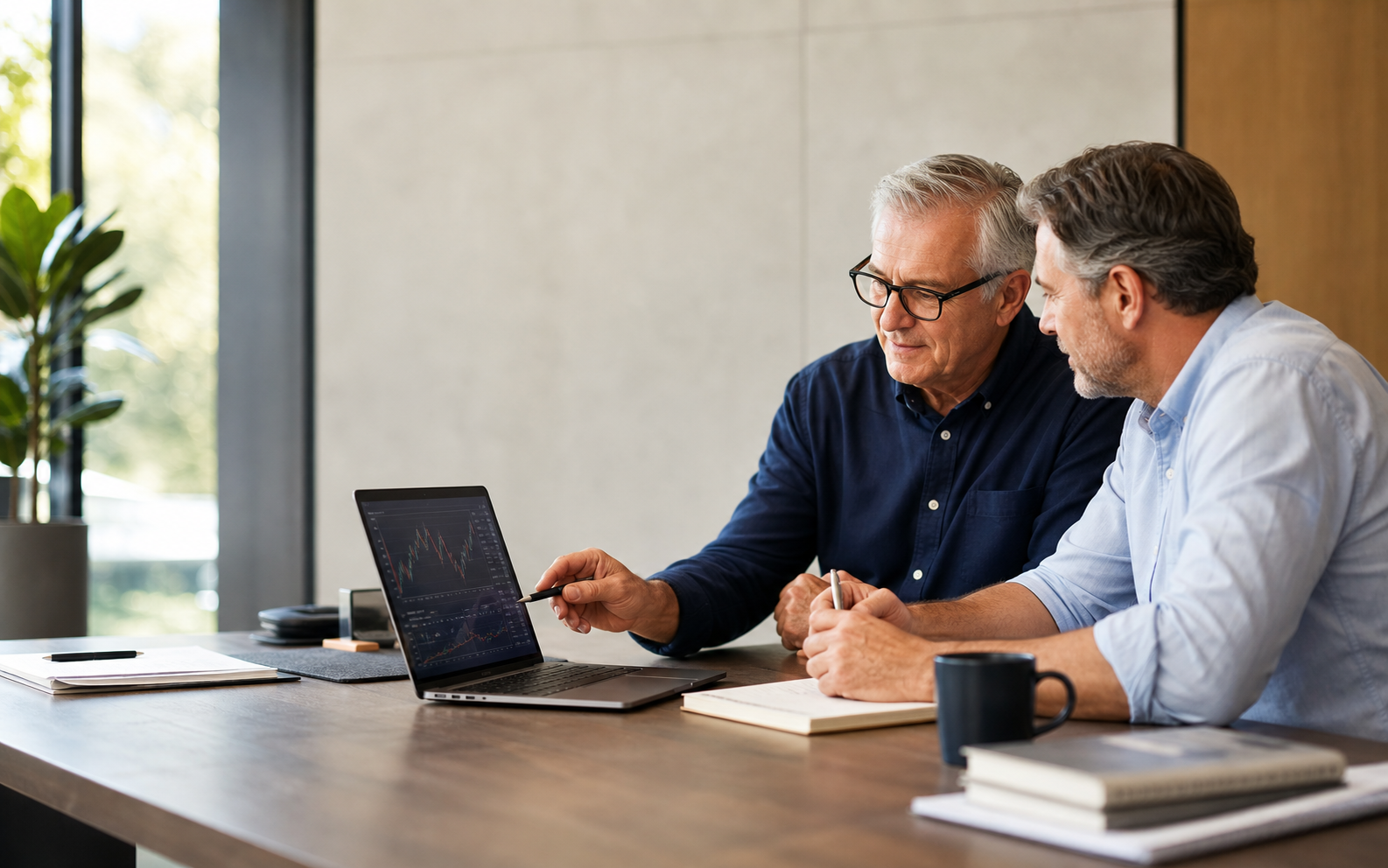 Investor and mentor reviewing a rules-based trading process together